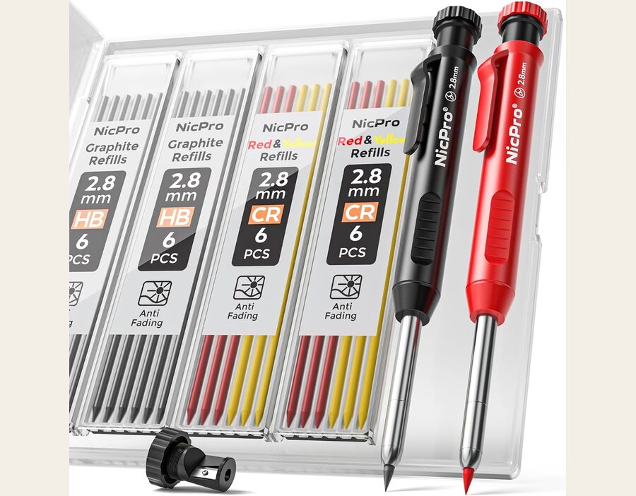 Nicpro Carpenter Pencil with Sharpener, Mechanical Pencil Set with 26 Refills