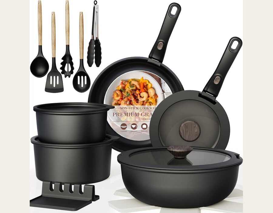 Astercook 21 Pcs Pots and Pans Set Non Stick, Ceramic, Detachable Handle