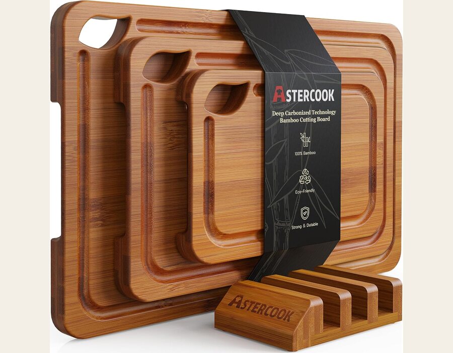 Astercook Deep-Carbonized Bamboo Cutting Boards with Wood Storage Stand