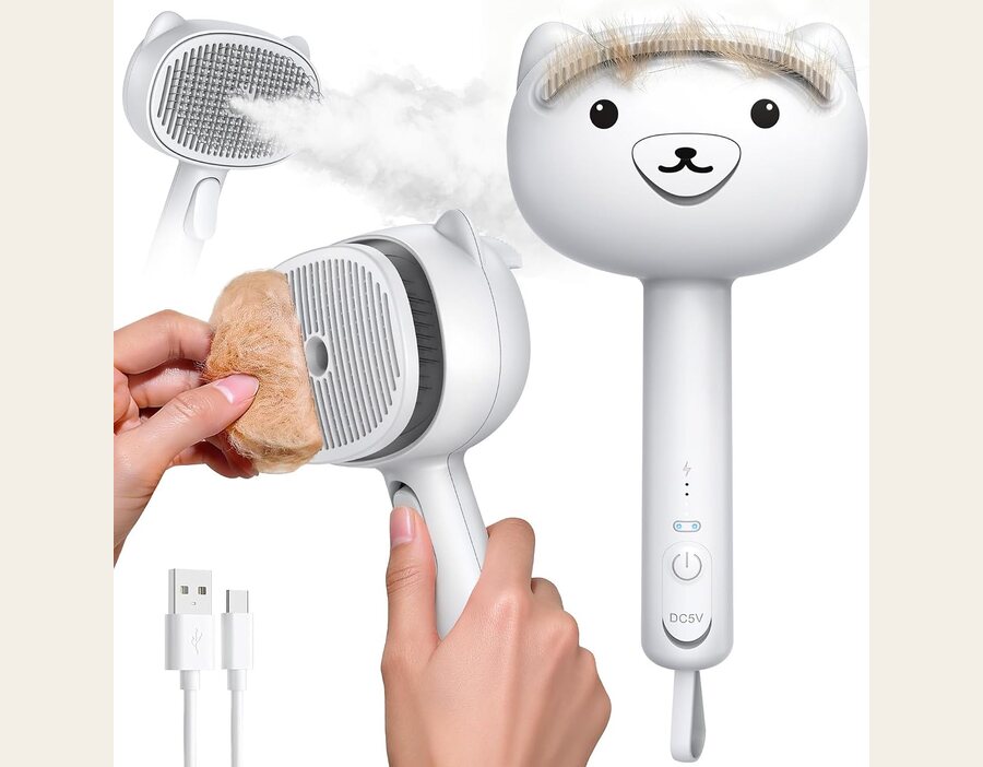 Self Cleaning Shedding Steam Cat Brush with Silicone Scraper