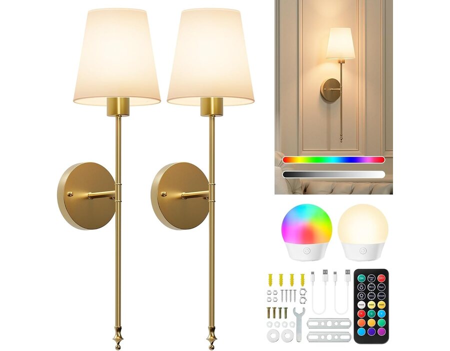 Brightown Battery Operated Wall Sconces Set of Two, Gold Wall Decor