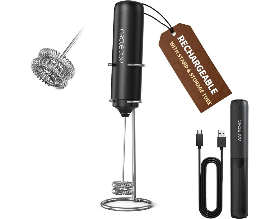 CIRCLE JOY Rechargeable Milk Frother Handheld with Stand, Dual Whisk