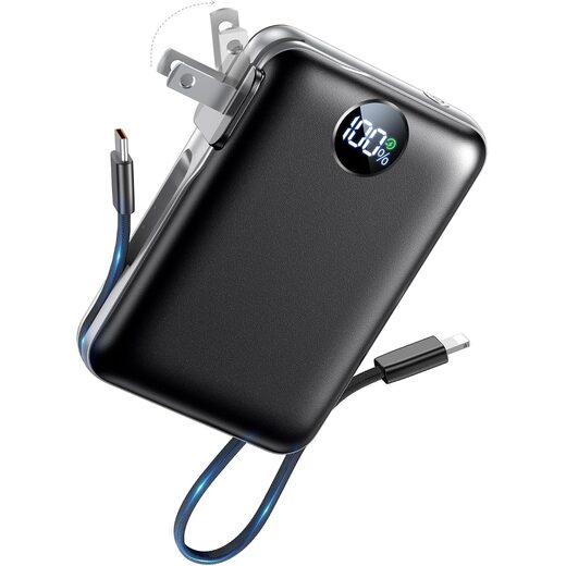 Portable Charger Power Bank 10000mAh with Built-in Cables and AC Plug