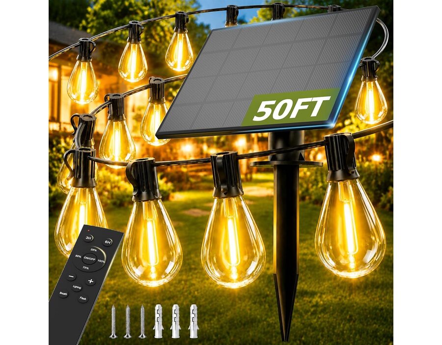 50FT Solar String Lights Outdoor, Dimmable Patio Lights Solar Powered